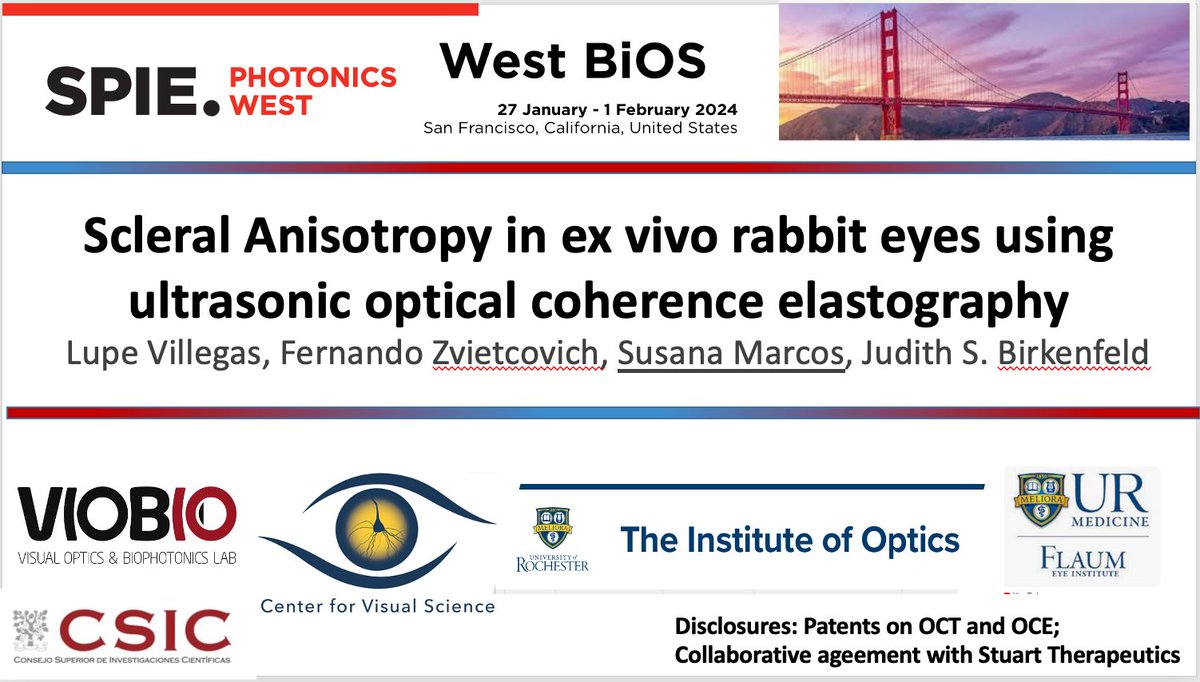 In <a href="/PhotonicsWest/">SPIE Photonics West</a> #SFO &amp; interested in #Sclera #biomechanics? Head to Room 210 for our upcoming talk <a href="/LupeVillegasL/">Lupe Villegas</a> <a href="/j_birkenfeld/">Judith</a> <a href="/FernandoZvietc1/">Fernando Zvietcovich Zegarra</a>; <a href="/MarcoslabUr/">MarcosLab_UR</a> presenting #OpticalCoherenceElastography #OCE #myopia <a href="/IO_CSIC/">Instituto de Óptica (CSIC)</a> <a href="/UofR/">University of Rochester</a> <a href="/ERC_Research/">European Research Council (ERC)</a> <a href="/NatEyeInstitute/">NEI</a> ⁦<a href="/SPIEtweets/">SPIE</a>⁩