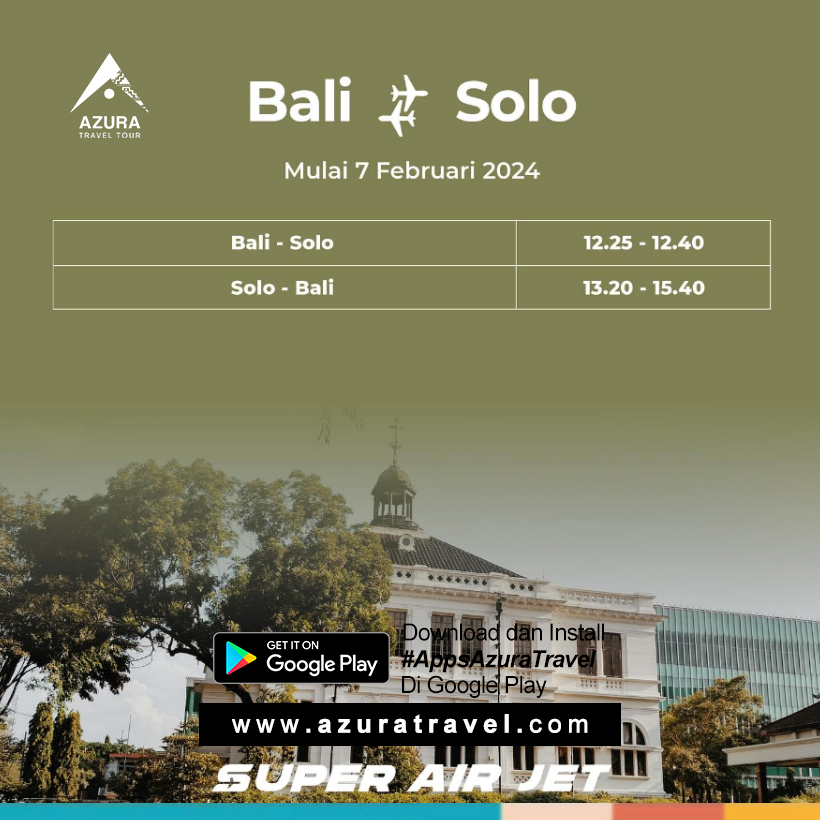 Siapa di sini yang punya resolusi tahun baru untuk lebih sering traveling? Pas banget, 7 Februari nanti #SuperAirJet buka rute baru Bali–Solo–Bali. Bisa jadi pilihan destinasi liburanmu selanjutnya nih.

Tunggu apalagi, pesan tiket #SuperAirJet di AZURA TRAVEL