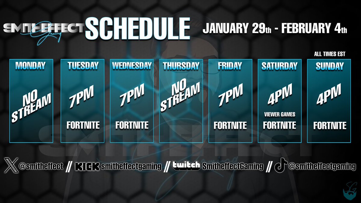 smitheffect's tweet photo. Stream schedule for the week of 1-29-24 https://t.co/WJfhqDkMEw