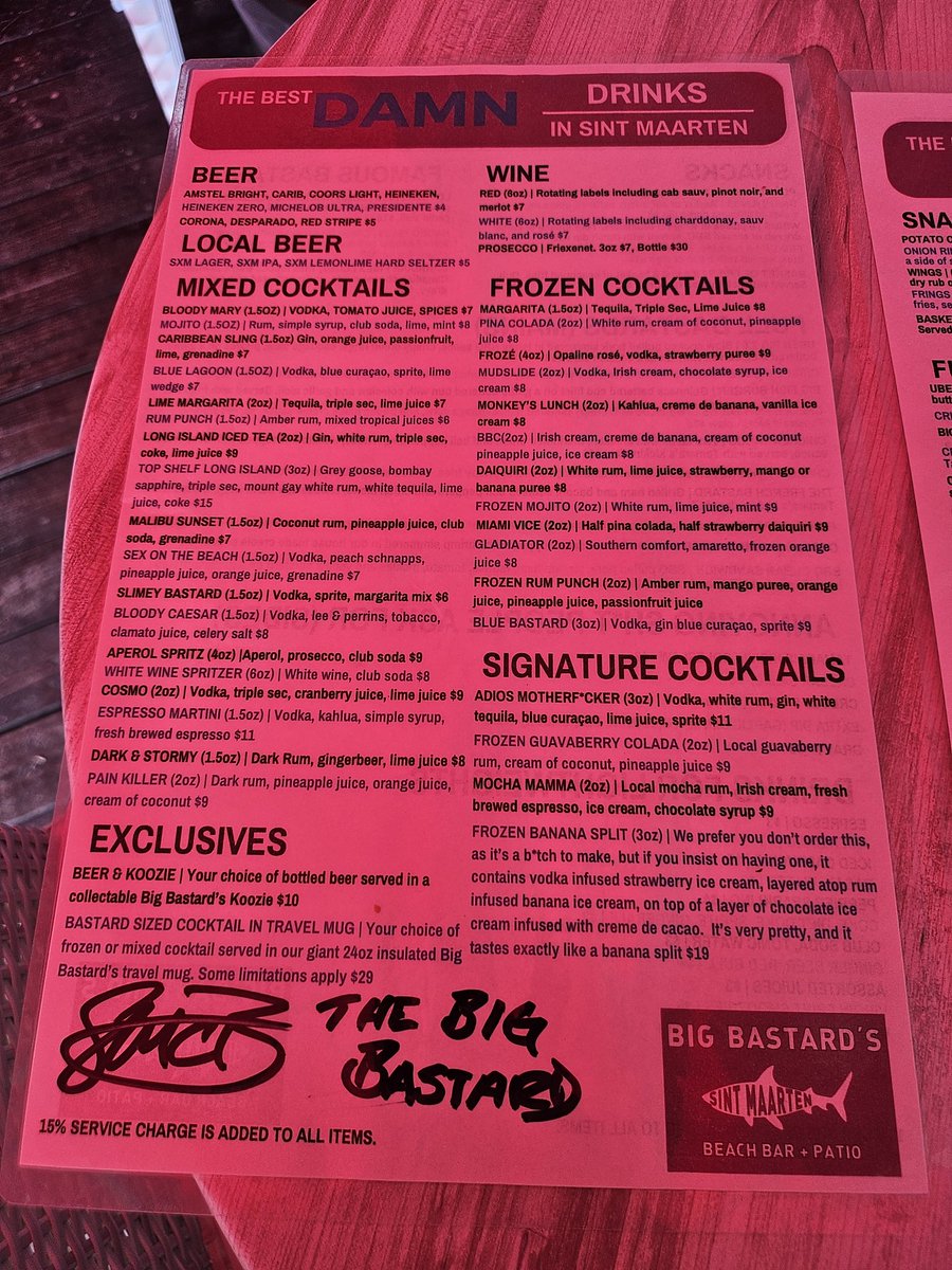 Today, we had a guest ask me if I could sign a menu for him so he could keep it and frame it. An odd request, but I'm game for it! 
#BigBastards #SXM #SintMaarten #BeachLife #CaribbeanLife