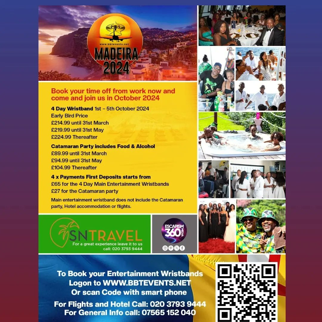 BBT EVENTS, famous for the biggest Christmas and Easter parties AKA the BT Dance, invites everyone to Madeira 2024. 
•
DJ line-up includes yours truly, Natty B.
•
1 - 5 October 2024. For general info call 07565152040. #Events #Reggae #UK