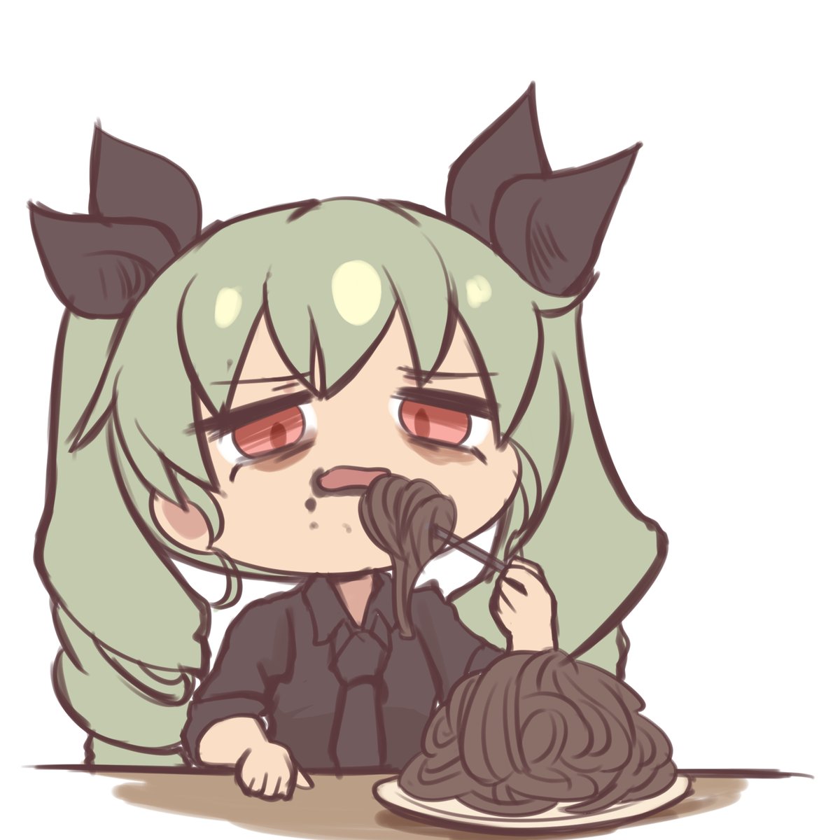 anchovy (girls und panzer) 1girl pasta spaghetti solo green hair eating red eyes  illustration images