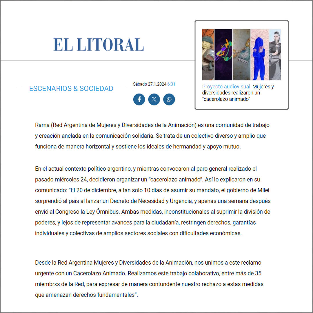El Litoral refleja nuestra manifestación animada en propuesta colectiva en sus prestigiosas páginas 📰 y nos sentimos muy agradecidxs 🙌🏽

#noaldnu
#noalaleyomnibus
#ramaanimadas

<a href="/ramaanimadas/">Red Argentina Mujeres de la Animacion</a>