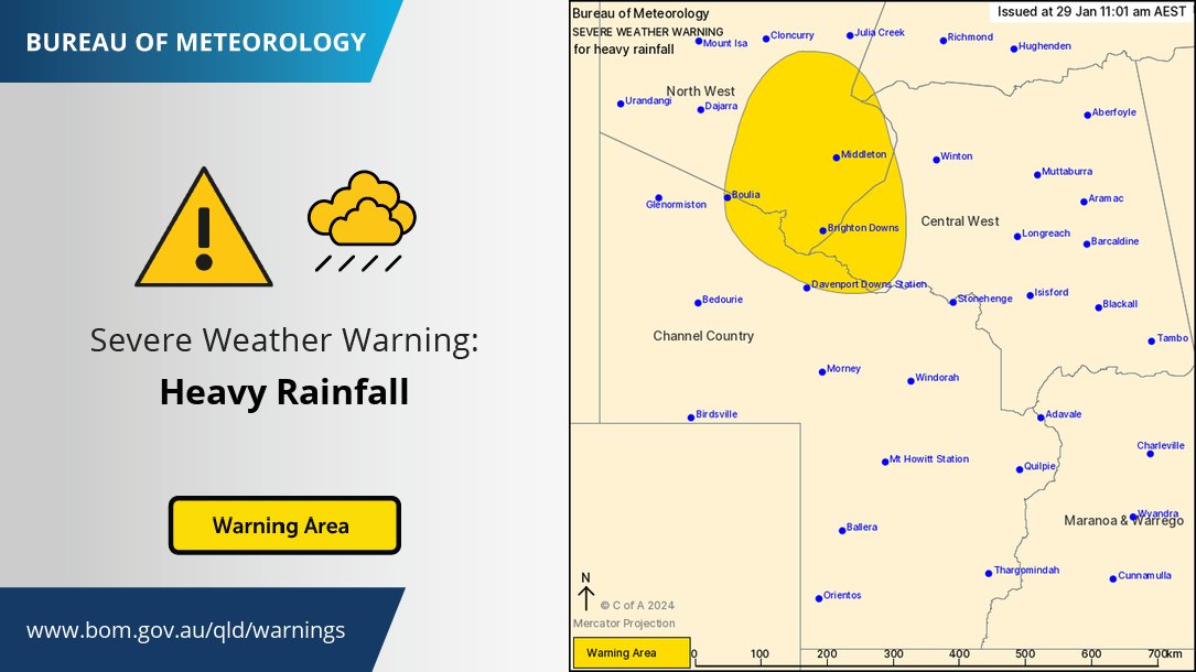 ⚠️🌧️Severe Weather Warning continues for heavy rainfall associated with Ex-TC Kirrily in northwestern Queensland. Locations include #Middleton, #BrightonDowns &amp; #Boulia. A number of flood warnings are also current in the area. ow.ly/ereV50Qvgcq