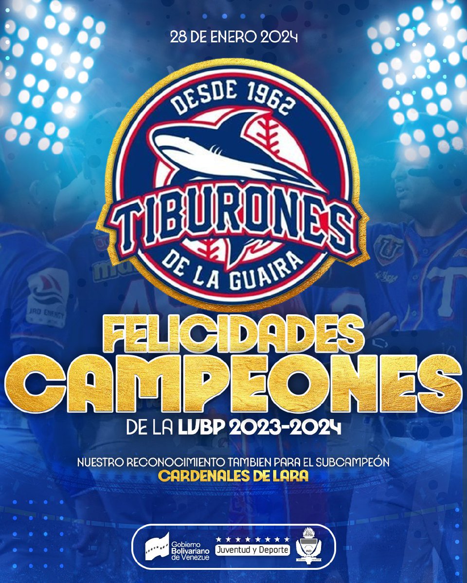 ¡Felicitaciones Tiburones de La Guaira! nuevo Campeón de la Liga Venezolana de Béisbol Profesional 2023-2024 al ganarle 5to de la Final a Cardenales de Lara 3x0 🇻🇪 ​luego de 38 años de haber ganado su último título en 1986 La Serie del Caribe será del 1 al 9 de Febrero en Miami
