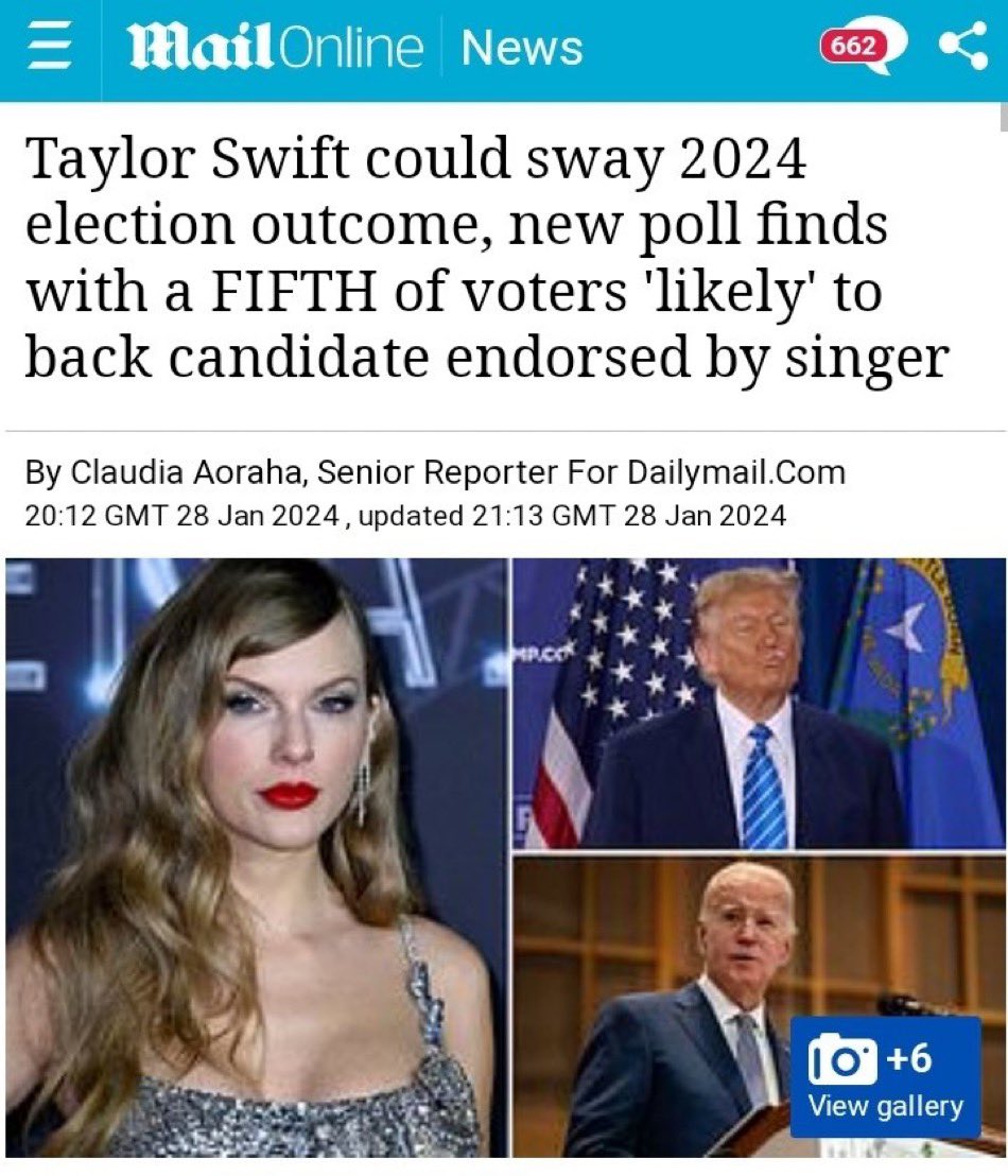 This is dumb 😂

There’s not a single Trump or RFK Jr. supporter who’s changing their vote based on Taylor Swift’s opinion.

Those susceptible to this sheep behavior are already brainwashed by the TV, thus are already Biden/DNC supporters.

They were voting DNC no matter what.