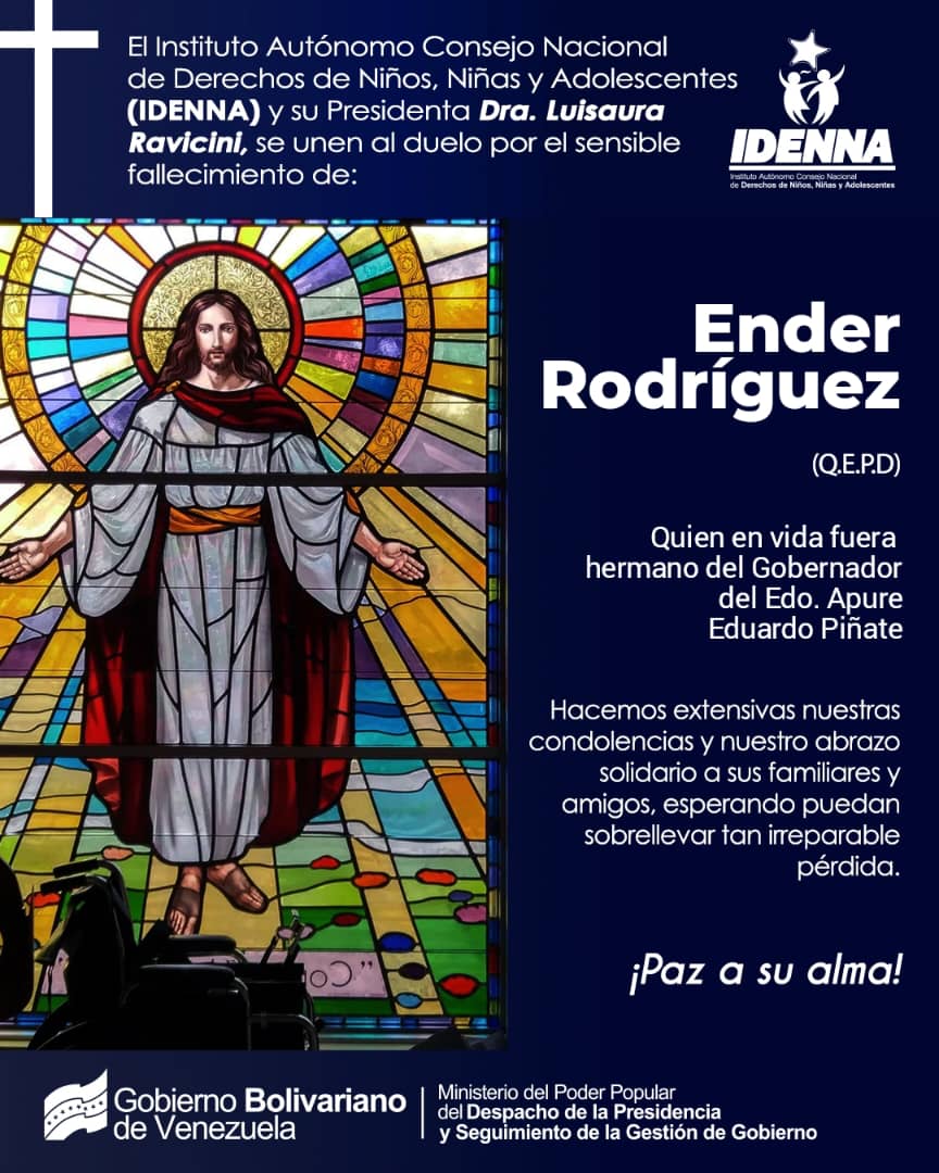 El equipo del IDENNA, lamenta el fallecimiento del Sr. Ender Rodríguez, quién en vida fuera hermano del Gobernador del Edo. Apure Eduardo Piñate.

¡Paz y descanso a su alma!