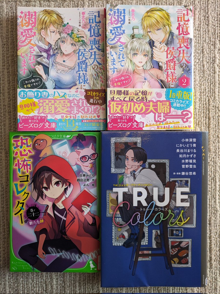 1月23日-28日 優衣の読書記録
🪐恐怖コレクター(21)
佐東みどり　鶴田法男作
🪐記憶喪失の侯爵様に溺愛されています(1)(2)
春志乃作
🌠TRUE Colors(トゥルー・カラーズ)
小林深雪、にかいどう青、長谷川まりる、如月かずさ、水野瑠見、菅野雪虫作
🌠なんちゃってシンデレラ、はじめました。
汐邑雛作