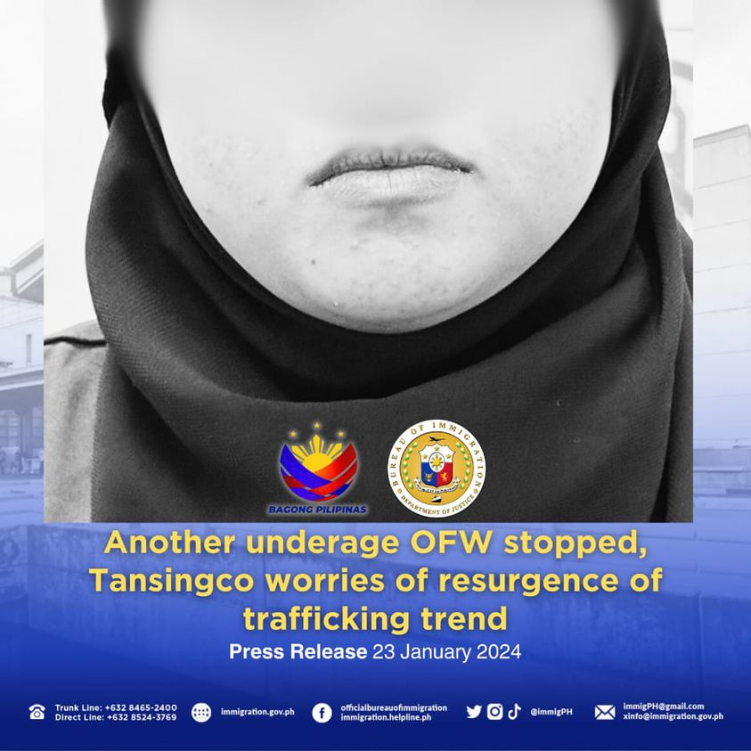 23 January 2024

PASAY, Philippines—Bureau of Immigration (BI) Commissioner Norman Tansingco expressed his dismay on the interception of another trafficking victim attempting to depart the country.

READ: facebook.com/immigration.he…