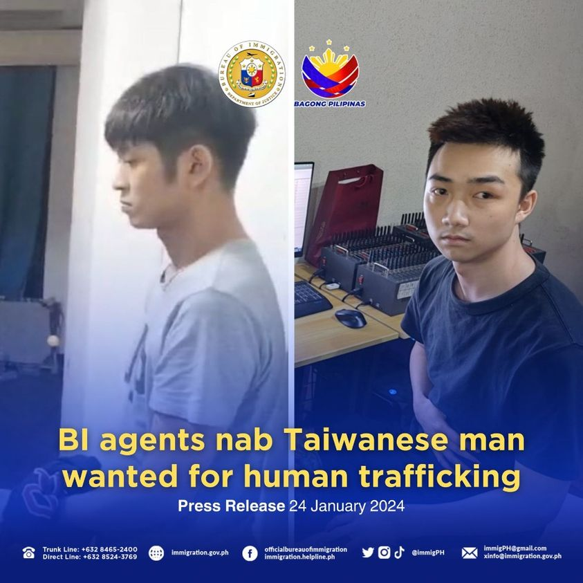 24 January 2024

MAKATI CITY, Philippines—The Bureau of Immigration (BI) announced the arrest of a Taiwanese national wanted by authorities in Taipei for involvement in human trafficking.

READ: facebook.com/immigration.he…