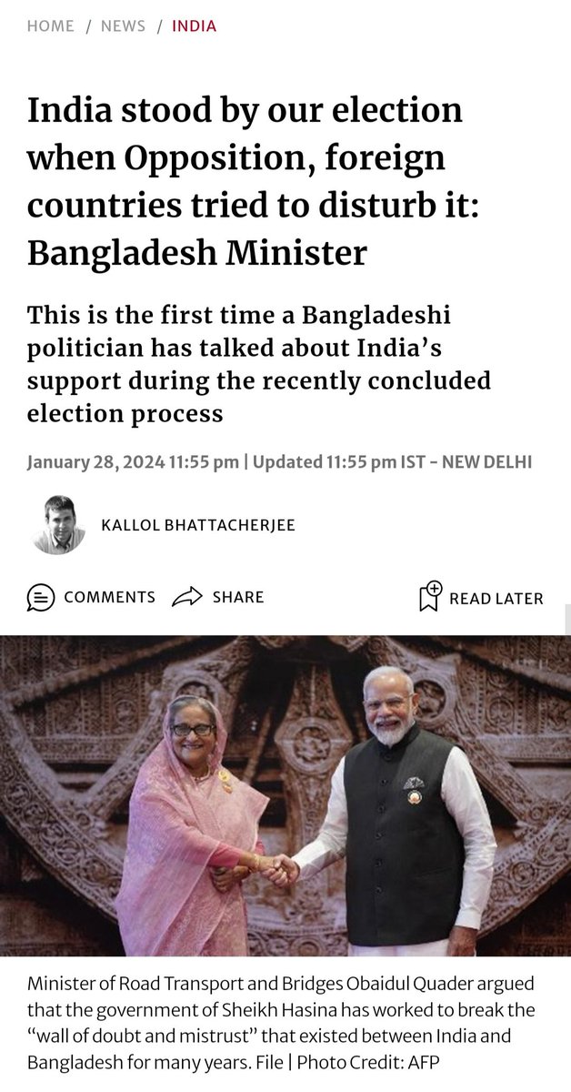 rupom's tweet photo. A senior Bangladesh minister brazenly says that India stood by his party during the elections. He is admitting the unethical Indian interference in our national elections in his party's favor. 

The world already knows that India shamelessly deployed their intelligence agencies to harass opposition leaders and make them participate in elections against their will. Then they quickly endorsed the victory of Sheikh Hasina's party in that election despite 95% of the voters abstaining from voting.

India needs to understand why its neighbors are complaining about its unethical interference in internal politics. They also need to understand that relationships between people are more important than siding with a particular political party.

Sooner or later India will have to pay for the mistake of not showing the least respect for the rights of its neighbours.

#IndiaOut #BoycottIndia #BoycottIndianProducts 

@StateDept @usembassydhaka @EU_Commission @hrw @AbigailBoydMLC @BNPBdMediaCell @bdbnp78