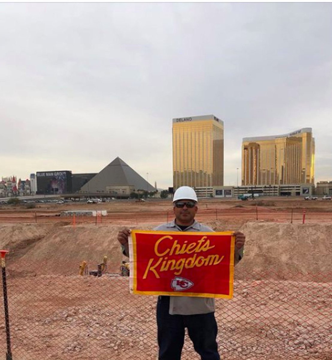 A reminder that in 2017, a Chiefs flag was buried near what was expected to be the 50-yard line of Allegiant Stadium in Vegas, host of #SBLVIII. The post was captioned “Flag buried in dirt, encased in concrete, with a stadium built on top of it. Chiefs 1, Raiders 0. Las Vegas.”
