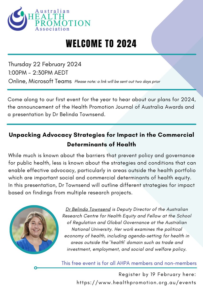 Hear about AHPA plans for 2024, the announcement of HPJA Awards, and a presentation by @BelTownsend 📅 Thursday 22 February 2024, 1:00 - 2:30pm AEDT 📍 Online, Microsoft Teams This is a free event for all AHPA members and non-members Register here: healthpromotion.org.au/events/nationa…