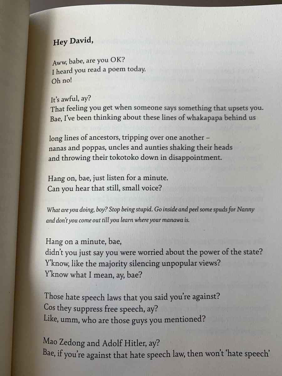 SuzanneRobins1's tweet photo. I wonder if David Seymour has read Tusiata Avia's riposte to his public comments about her and her work? I've just read two of her poems that give voice to her response. I think she hits the nail on the head, &amp; I also enjoy the wit. X won't load multiple photos today, so 1 by 1. https://t.co/SA5wq9xu7J