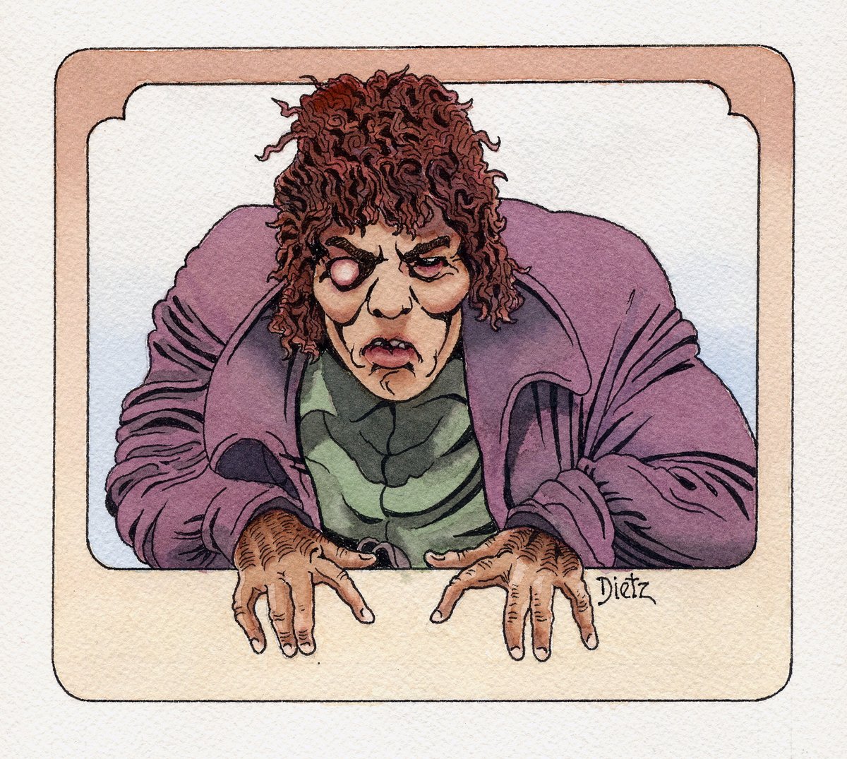 Random artwork post: Pen and ink/watercolor painting of Lon Chaney as Quasimodo, THE HUNCHBACK OF NOTRE DAME. #sketchythings #lonchaney #thehunchbackofnotredame #silentmovie #notamonster #watercolor #horrorcommunity #horrorfam