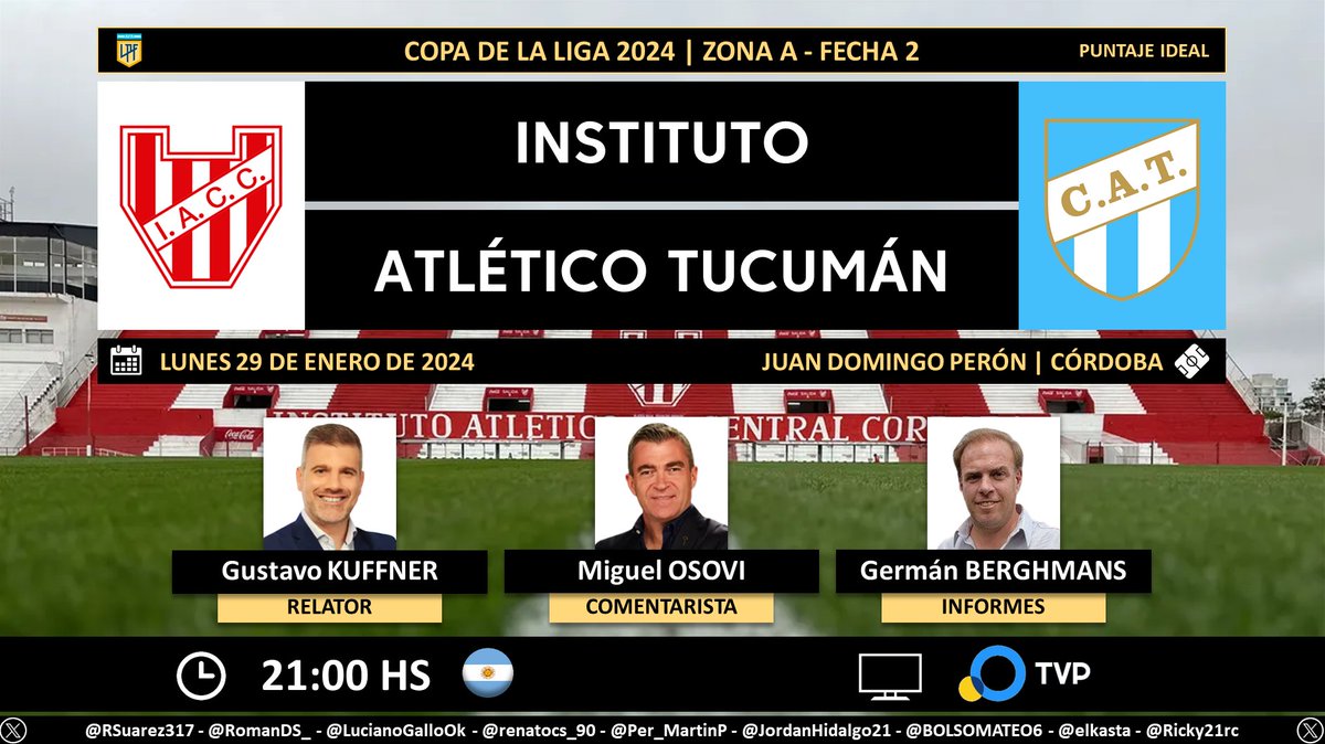 ⚽ #CopaDeLaLiga 🇦🇷 | #Instituto vs. #AtléticoTucumán 🎙 Relator: @GustavoKuffner 🎙 Comentarista: @MiguelOsovi 🎙 Informes: @gbgerman 📺 @TV_Publica 🇦🇷 🤳 #FútbolATP - @PrensaTVP Dale RT 🔃