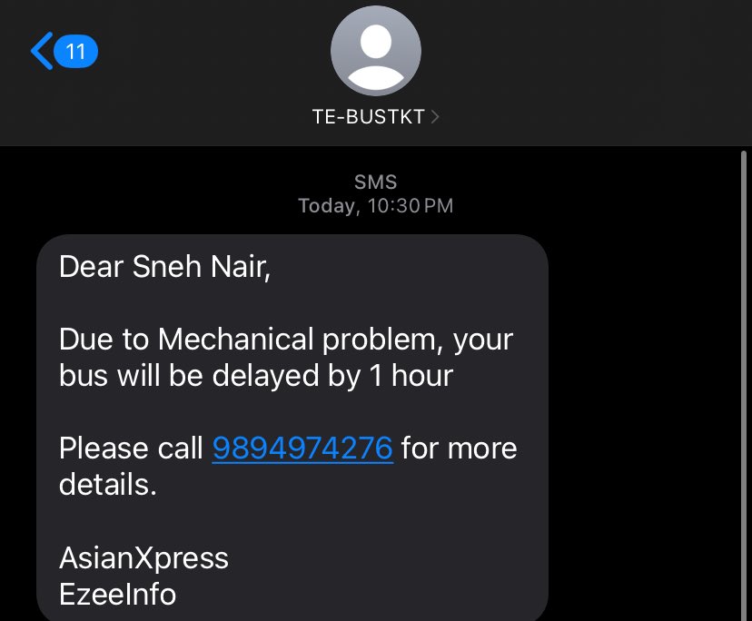 SnehaKohl's tweet photo. @redBus_in You’ve made a female feel unsafe with your service. I booked a bus from Bangalore to chennai for 10:55 pm boarding at silk board. I got a message 1/2 hour before the boarding time that my bus has been delayed by half an hour. https://t.co/7MAzvchsJK