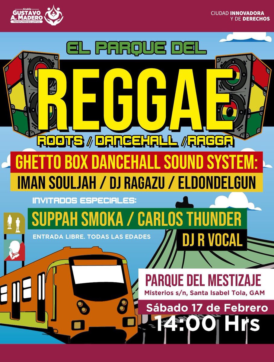 TuAlcaldiaGAM's tweet photo. 🎶I wanna love you, every day and every night 🎼 ¡Si te gusta el #Reggae esto te interesa! 🙌 Te esperamos el 1️⃣7️⃣ de febrero en el Parque del Mestizaje a partir de las 14:00 horas ⏰ para disfrutar en familia. Tendremos invitados especiales.
🎫Entrada LIBRE
▶️Todas las edades https://t.co/gSLrwVAjQY
