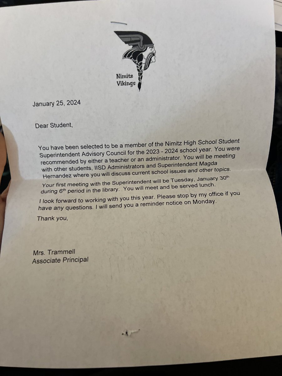 It is an honor to be selected to be a member of the Nimitz High School Student Superintendent Advisory Council. <a href="/studentathlete/">StudentandAthlete</a> <a href="/nimitzvikingbb/">Nimitz Baseball</a> <a href="/NimitzFootball1/">Nimitz Football</a> <a href="/NimitzVikings/">Nimitz High School</a>
