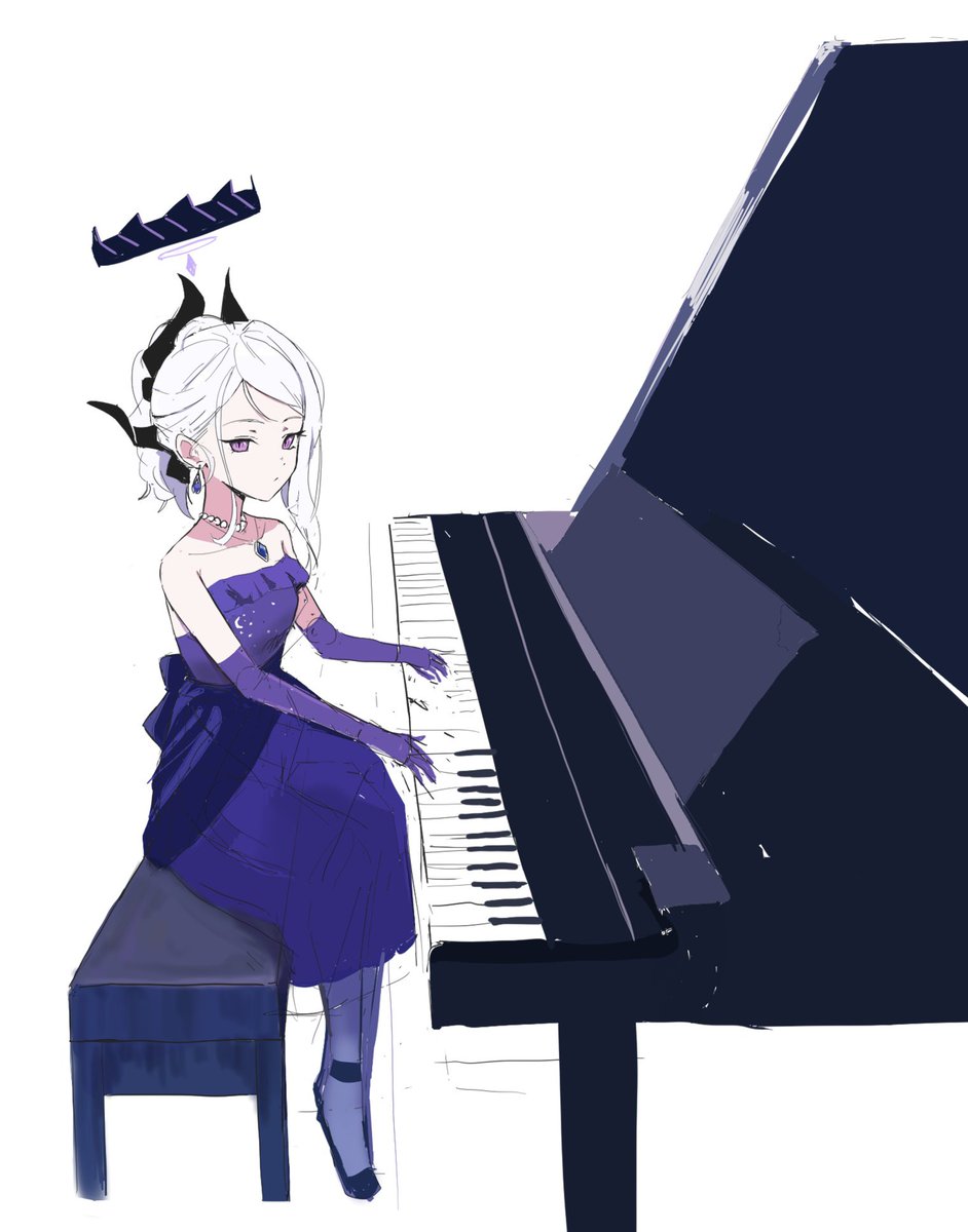 hina (blue archive) ,hina (dress) (blue archive) 1girl piano dress solo sitting gloves instrument  illustration images