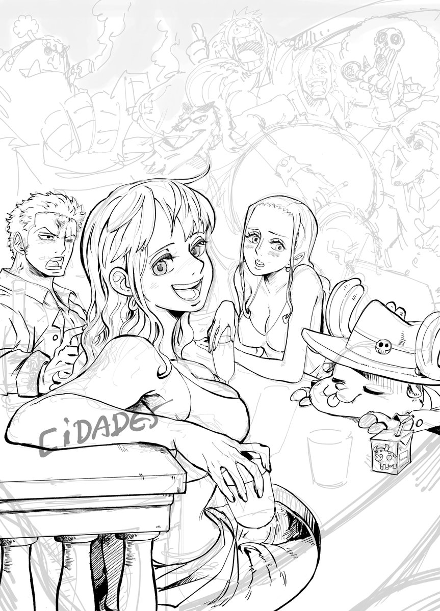 WIP 2 of the Straw hats night out ! its coming along :) #ONEPIECE #ONEPIECE #strawhats #luffy #nami #Zoro #sanji #franky #NicoRobin #AnimeArt #sketch #workinprogress #WIP #wipart #namionepiece