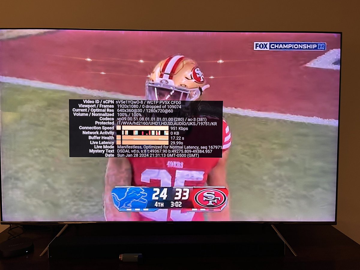 mattsota's tweet photo. @TeamYouTube The whole second half of the Lions/49ers  has been blurry. Watching on tv via Roku Ultra device, Fox 13 Tampa. https://t.co/Sz4eYhV2qM