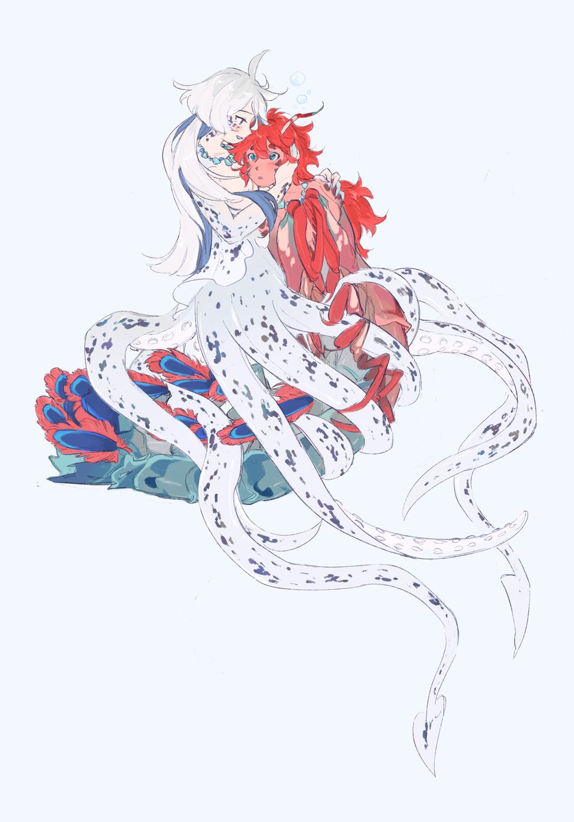 tanukimo_imo's tweet photo. i got…inspired by all of the squid miorine and shrimp suletta art so i made mermaid designs!!  
squid and (mantis) shrimp mermaid sulemio :o
#G_Witch #水星の魔女 #スレミオ https://t.co/rYyCtd4N8e