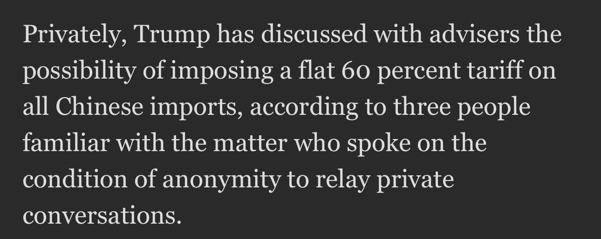 - Washington Post - Trump discusses 60% tariff on Chinese imports and 10% tariff on all imports.

For what it’s worth,  Biden has not reversed a single one of Trump’s tariffs on China. 

Globalization is under attack regardless of the outcome of the election.