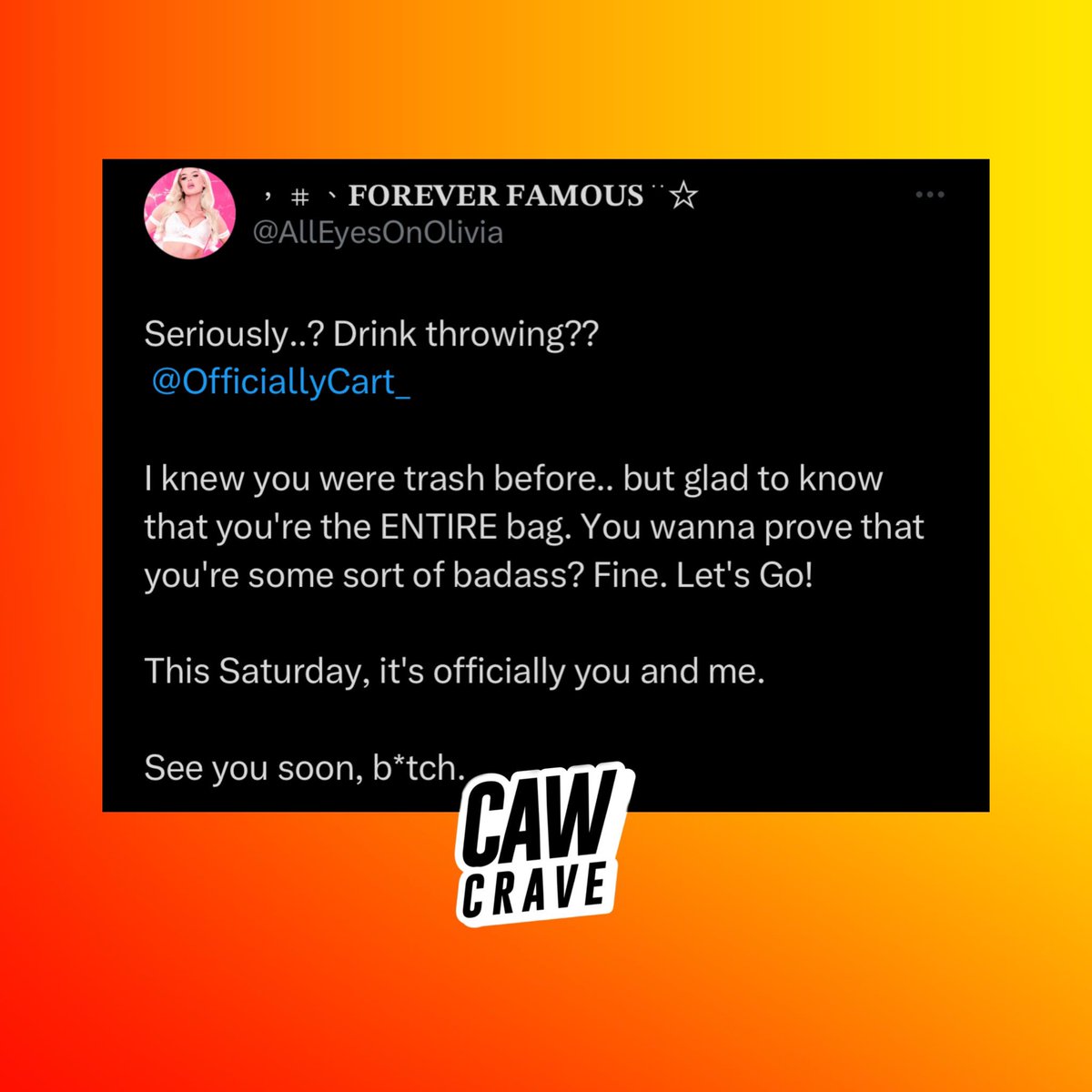 Olivia Fernández and Carter Varnado allegedly got into an altercation while in a bar, in downtown LA. Fernández announcing their match for this Saturday, February 3rd, 2024.

"This Saturday, it's officially you and me.

See you soon, b*tch."

🔗: cawcrave.com/Olivia-Carter