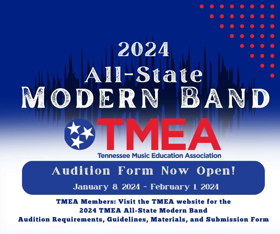 The deadline for 2024 TMEA All-State Modern Band Auditions is Thursday (February 1, 2024, 11:59 p.m. CST). TMEA members - visit the TMEA website for details and audition submission information: tnmea.org/post/2024-mode…