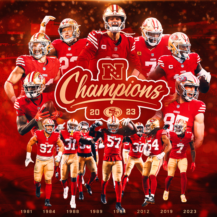 49ersESP's tweet photo. Los Reyes de la Nacional 🤴

Somos Campeones de la NFC 🔵

#FTTB https://t.co/Y0HwmRXISC
