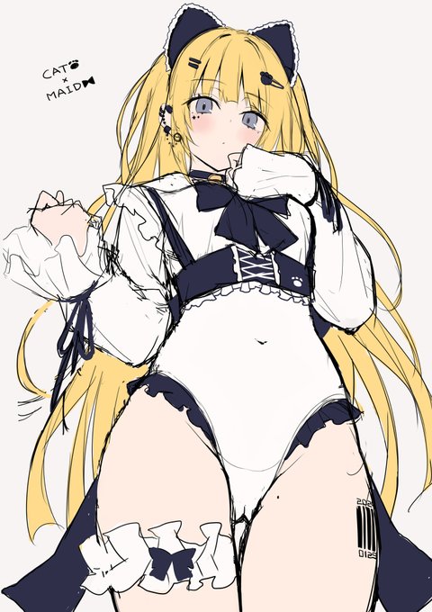 ネコ耳フリルメイド白スク金髪セット 