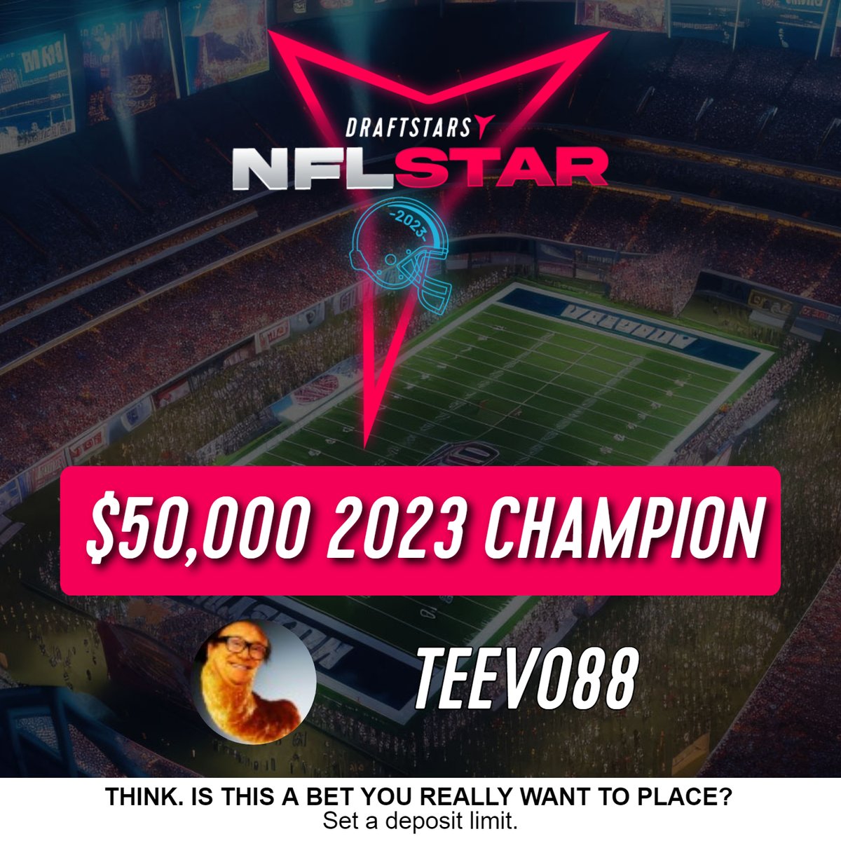 DraftstarsAU's tweet photo. We have our 2023 #NFLStar Champion!
And going WIRE-TO-WIRE! π°π°π°
Congratulations to 'teevo88' who wins the $50,000 1st Prize. That is $200,000 in #Draftstars STAR Tournaments prize money in one week!
We hope participants enjoyed the chance to win big! https://t.co/URl4TVE6oo