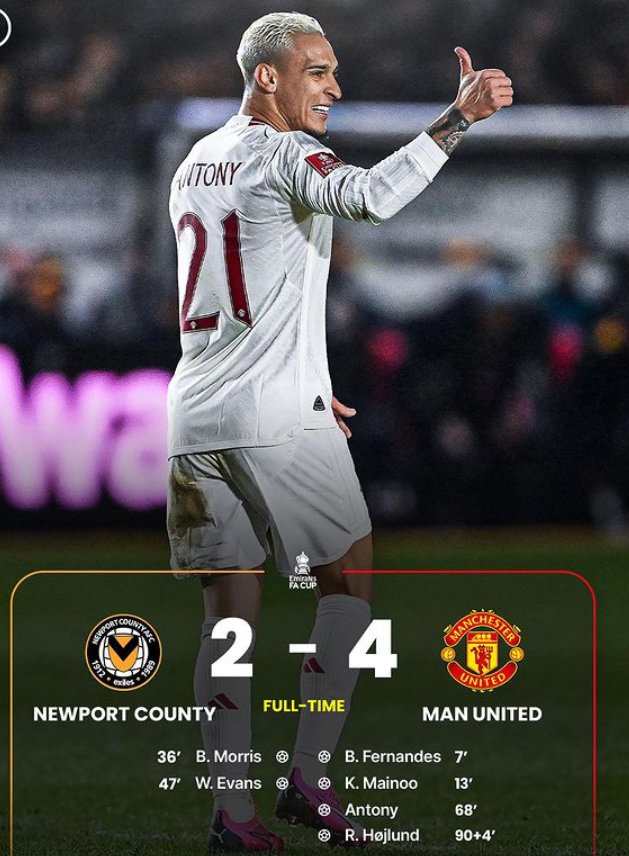 BloomGracefuly's tweet image. ⚽ MANCHESTER UNITED TIẾN TỚI VÒNG 5 FA CUP 2023/24🏐

Man United đã thắng Newport County 4-2 nhọc nhằn trên sân khách tại vòng 4 và tiến tới vòng 5 #FACup24 thi đấu trên sân khách gặp Bristol City hoặc Nottingham Forest.

#NPCMUN #MUFC #EmiratesFACup #FACup
@ManUtd
