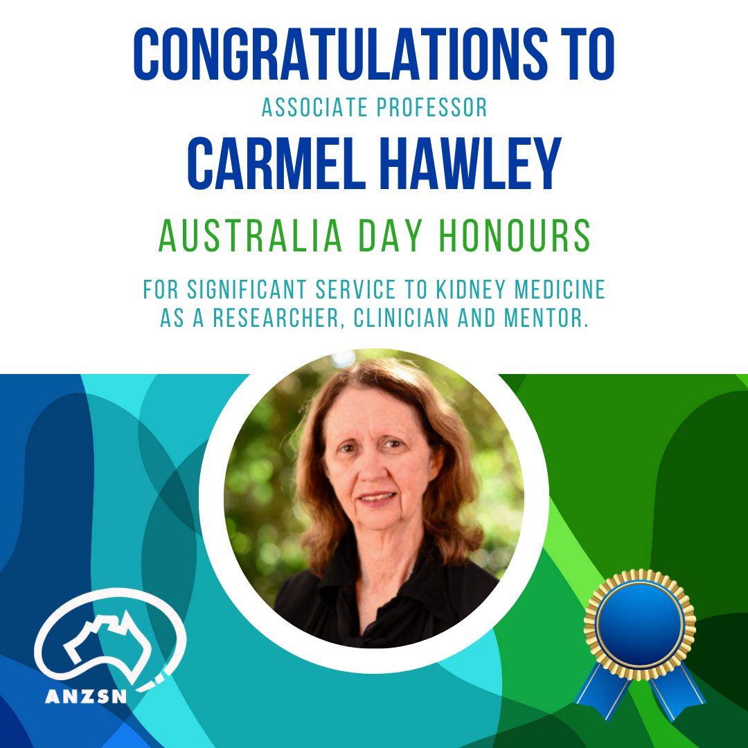 The ANZSN takes sincere delight in congratulating Carmel Hawley on being awarded Australia Day Honours for significant service to kidney medicine as a researcher, clinician and mentor. #nephrology #kidneycare #awards