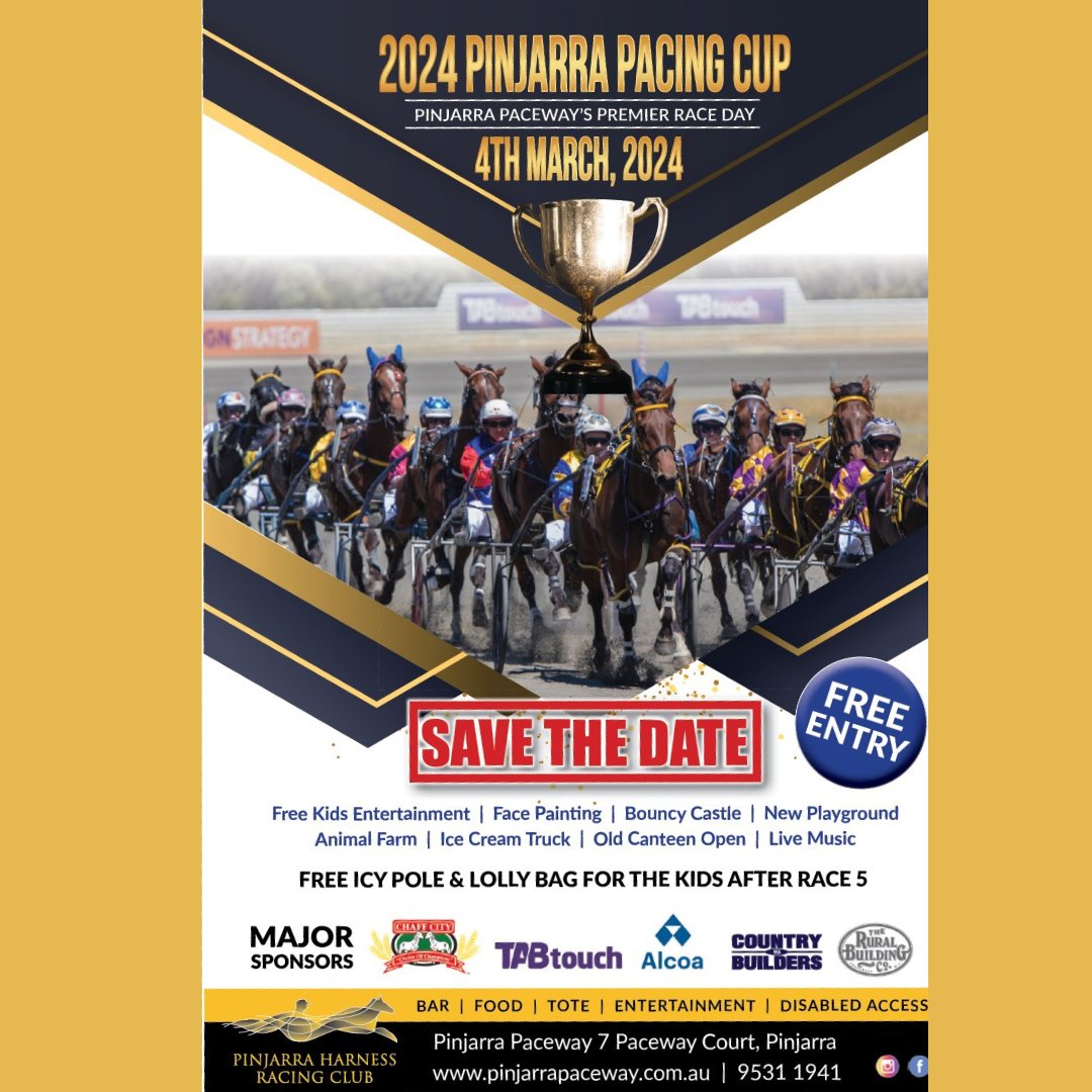 Save the Date for our Family Fun Day - 2024 - $50,000 Pinjarra Pacing Cup.  Public Holiday 4th March 2024

#pinjarracup #pinjarratrots #Racing #familyfun #publicholiday #pinjarrapaceway