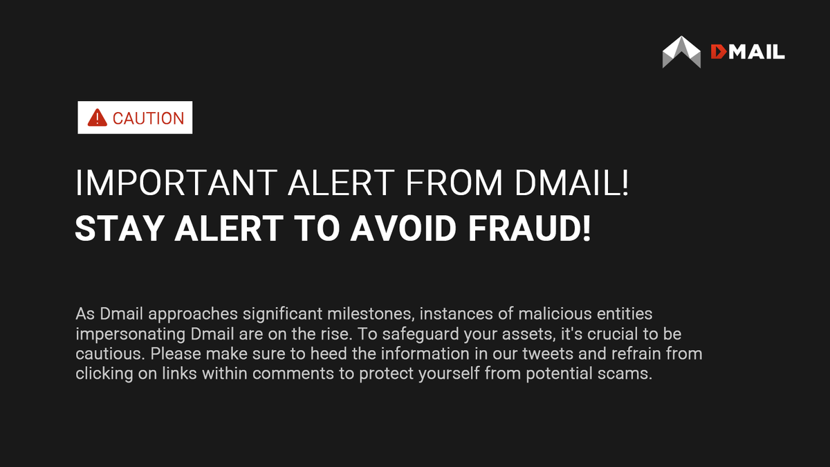 Dmailofficial's tweet photo. ⚠️ Security Notice:

Avoid clicking on links or authorizing your wallet to interact with any addresses claiming to be associated with DMAIL airdrops or transactions, except for the official website: https://t.co/iwAKb4k8RE https://t.co/3qh6ZENNLd