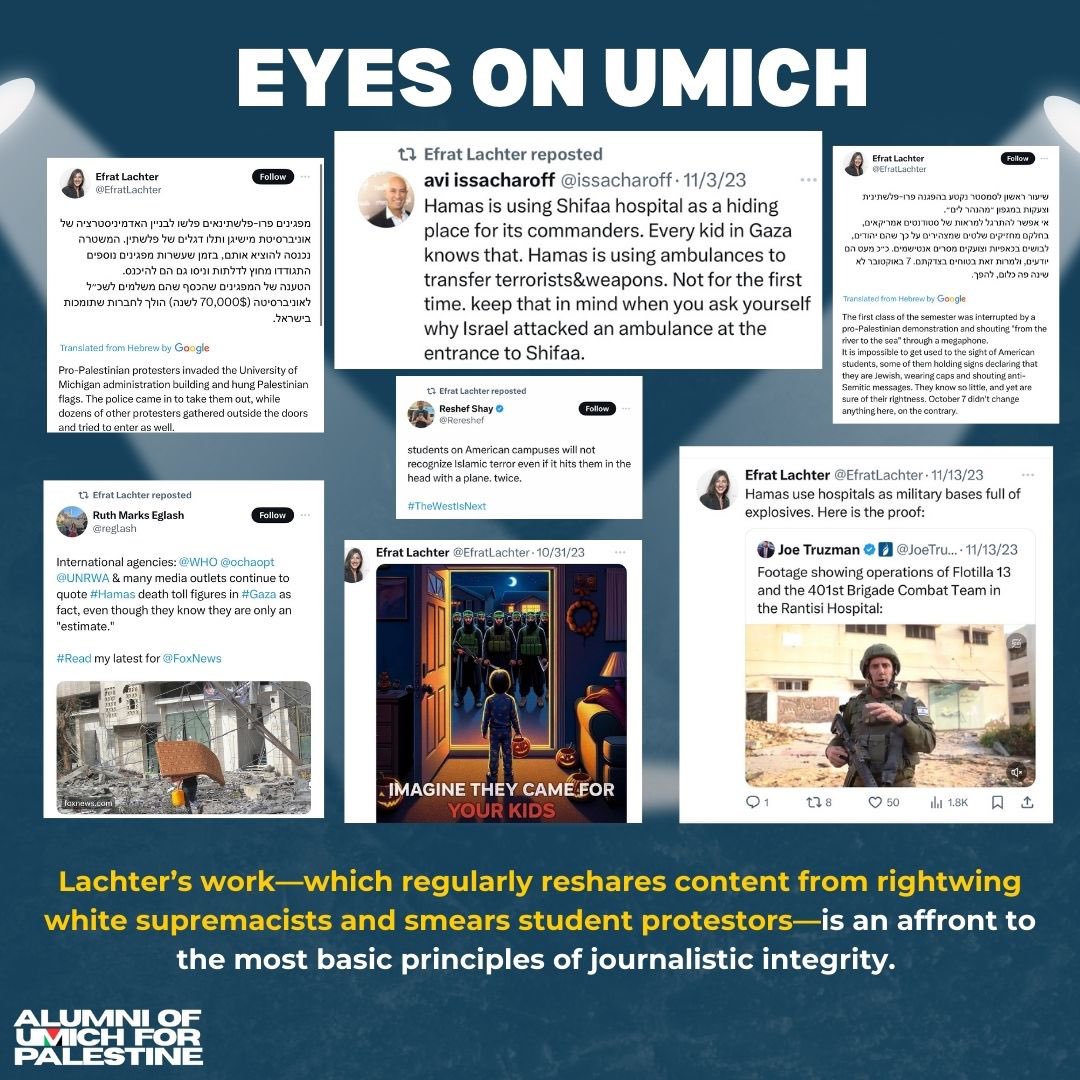 UMichAlum4Pali's tweet photo. @UMich @UMKnightWallace Demand that @SantaJOno @UMich condemn Efrat Lachter’s harmful rhetoric NOW! #michigandifference #goblue #journalism https://t.co/iPVsDUq1Rn