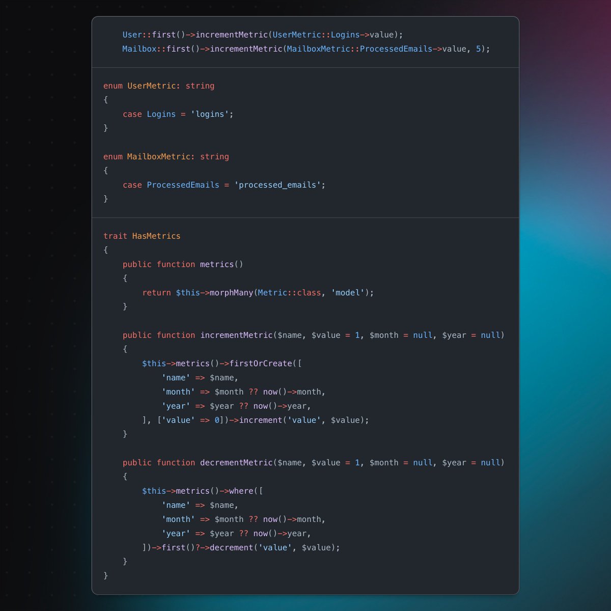 heystevebauman's tweet image. A super simple Eloquent trait for tracking metrics on any of your Laravel models

You could add &quot;day&quot; to the schema if you wanted more granularity of course