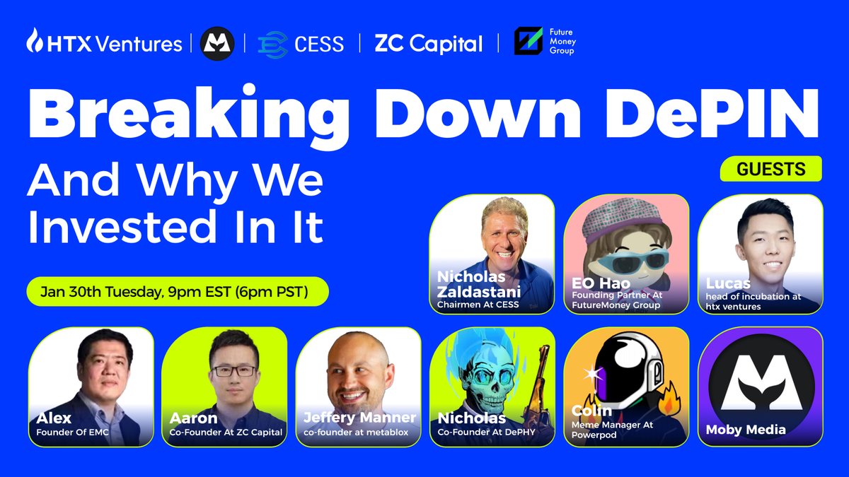 🚀DePIN track is on the rise! Break down #DePIN with our portfolio @CESS_Storage and our partners! ⏲️Jan 30 9PM EST 🗣️Fund:@fmgroupxyz @EstesMulloy 🗣️Projects:@CESS_Storage @metablox @PowerPod_People @dephynetwork @EMCprotocol Set your reminder👉:twitter.com/i/spaces/1ypJd…