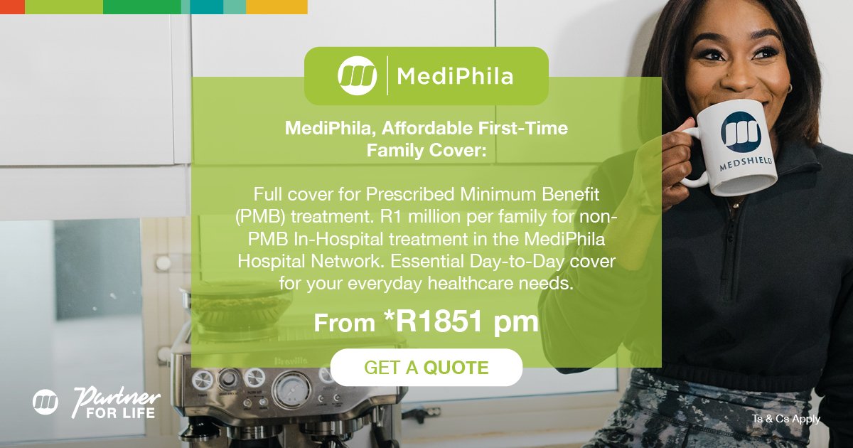 Experience top-class healthcare with Medshield's #MediPhila - affordable excellence! More than Medical Aid, we're your Medical Aid #partnerforlife. Get a quote & join the health revolution! Visit: bit.ly/3LoJtmE 💙

#MedshieldSA #Affordable #MedicalAid #Healthcare