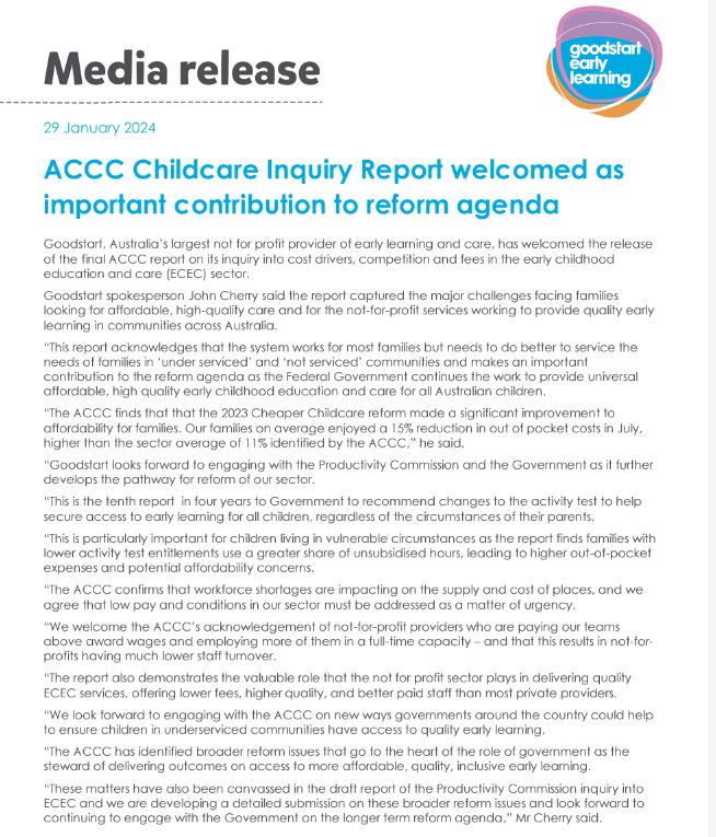 Media release from @GoodStartel welcoming today's @acccgovau final report on ECEC.