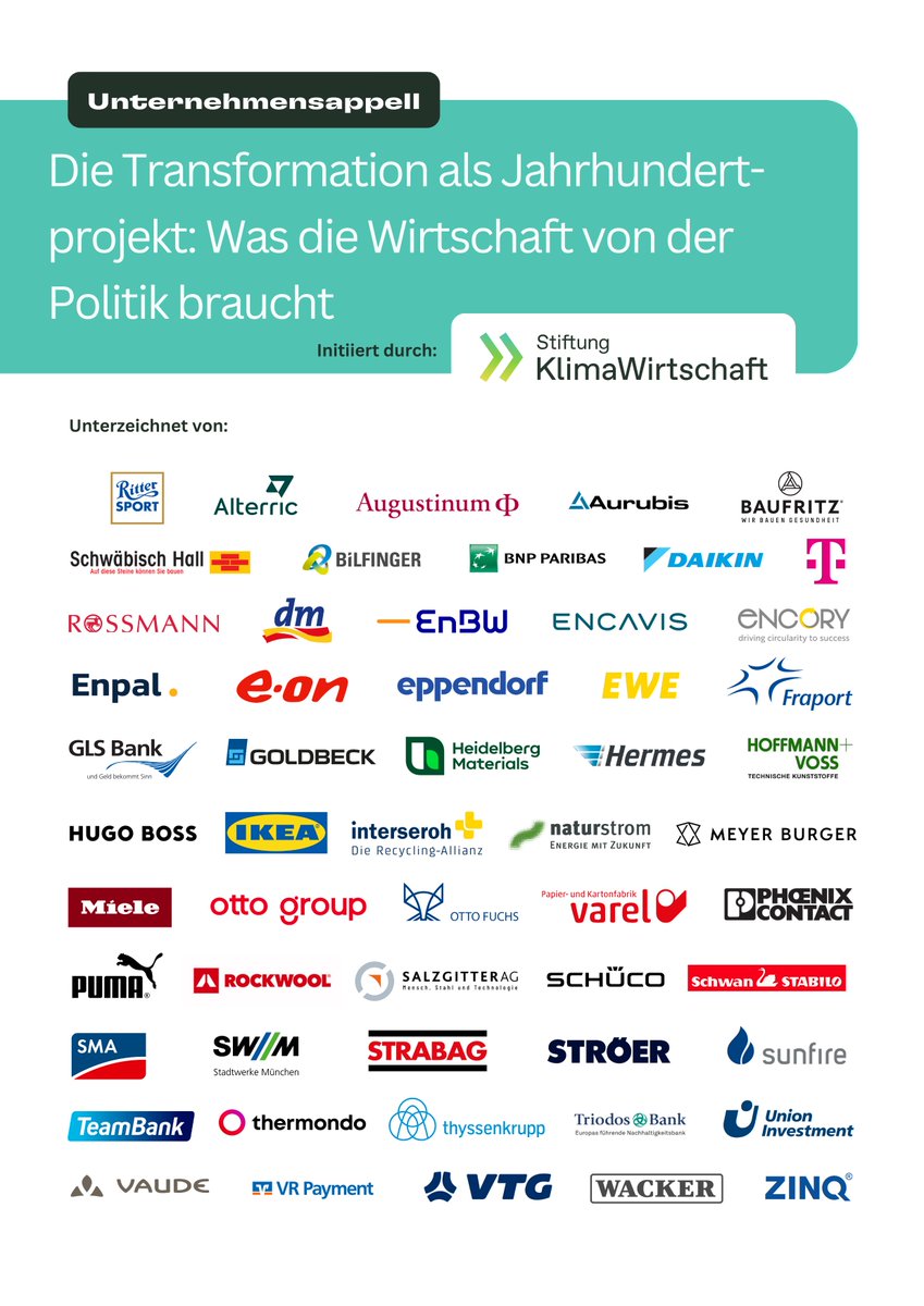 💪📣 Über 50 Unternehmen haben sich unserem #Appell an die 🇩🇪 Politik angeschlossen und sprechen sich für den #Standort Deutschland und eine schnellere #Transformation im Land aus❗️ Alle Infos zum Appell: klimawirtschaft.org/publikationen/… Wir bedanken uns bei allen Unterzeichner... 1/n