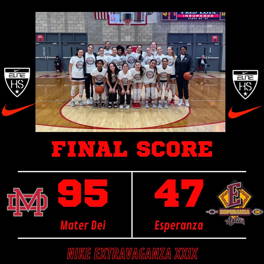 Mater Dei Girls Basketball (@materdeigbb) on Twitter photo Nike Extravaganza - FINAL SCORE
MATER DEI: 95
ESPERANZA: 47
Star Leaders:
<a href="/emily_aiko_shaw/">Emily Shaw</a> 30p 8/16 3pt
<a href="/jenessacotton/">Jenessa Cotton</a> 21p 12r 4a
<a href="/kaeli_wynn/">Kaeli Wynn</a> 11p 9r 4a
<a href="/williams__amaya/">Amaya Williams</a> 10p 4a 6r
Up Next: Wednesday, Jan. 31st at Santa Margarita.. Varsity 6pm JV 4:30pm Nike Extravaganza - FINAL SCORE
MATER DEI: 95
ESPERANZA: 47
Star Leaders:
<a href="/emily_aiko_shaw/">Emily Shaw</a> 30p 8/16 3pt
<a href="/jenessacotton/">Jenessa Cotton</a> 21p 12r 4a
<a href="/kaeli_wynn/">Kaeli Wynn</a> 11p 9r 4a
<a href="/williams__amaya/">Amaya Williams</a> 10p 4a 6r
Up Next: Wednesday, Jan. 31st at Santa Margarita.. Varsity 6pm JV 4:30pm