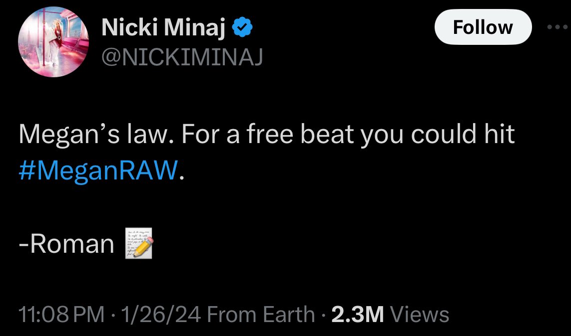 We seriously should interrogate why Nicki thought slut shaming Meg is a more damning insult than being married to a man who is a rapist and a killer. She heard Megan’s law and said yea ima say her potential consensual sex is much worse, that’s what I’ll go with. She’s crazy