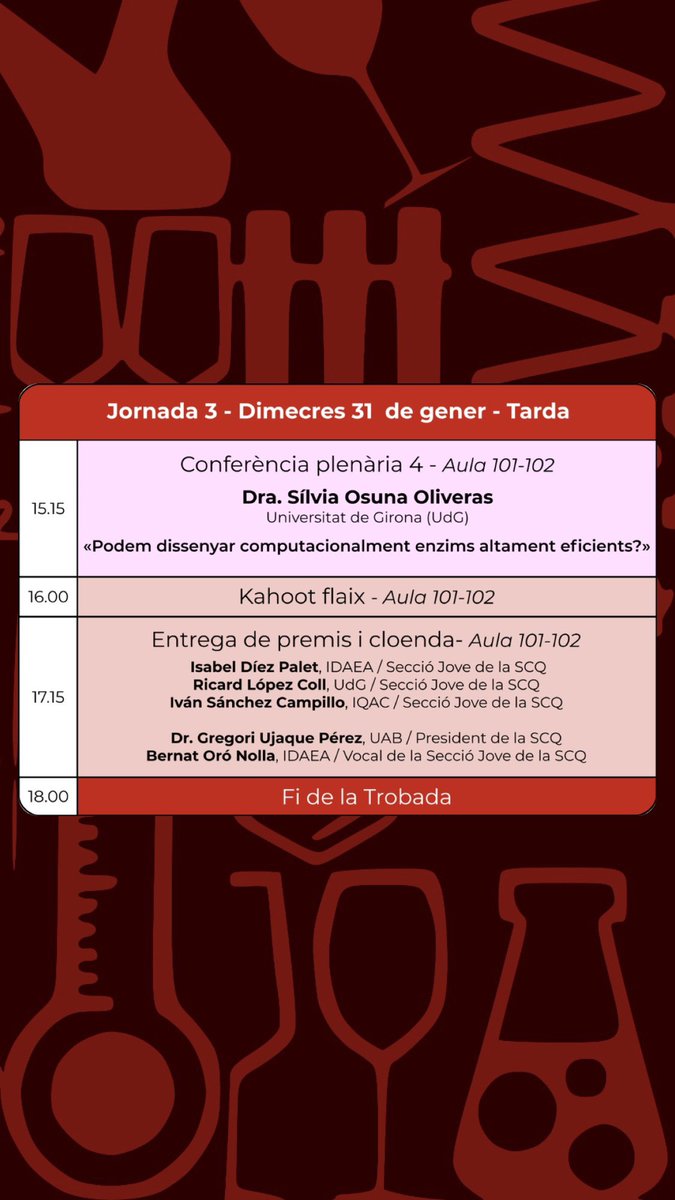 🏃‍♀️... 1 dia per la #XIIITrobadaSCQ 👨‍🔬👩‍🔬🗓️<a href="/scqjove/">Secció Jove - Societat Catalana de Química</a>

3a jornada (tarda) amb Sílvia Osuna, Kahoot flaix i entrega de premis i cloenda amb Isabel Díez, <a href="/lopezcollr/">Ricard López-Coll</a>, Iván Sánchez, Gregori Ujaque i <a href="/Bernat_ON/">Bernat Oró-Nolla</a>.

<a href="/QuimicaUdG/">Quimica UdG</a> <a href="/IDAEA_CSIC/">Inst. of Environmental Assessment & Water Research</a> <a href="/DIMOCAT_iqcc/">DiMoCaT_IQCC</a> <a href="/IQAC_CSIC/">Institute for Advanced Chemistry of Catalonia</a> <a href="/UABBarcelona/">Universitat Autònoma de Barcelona</a> <a href="/quimicaURV/">Facultat Química URV</a>