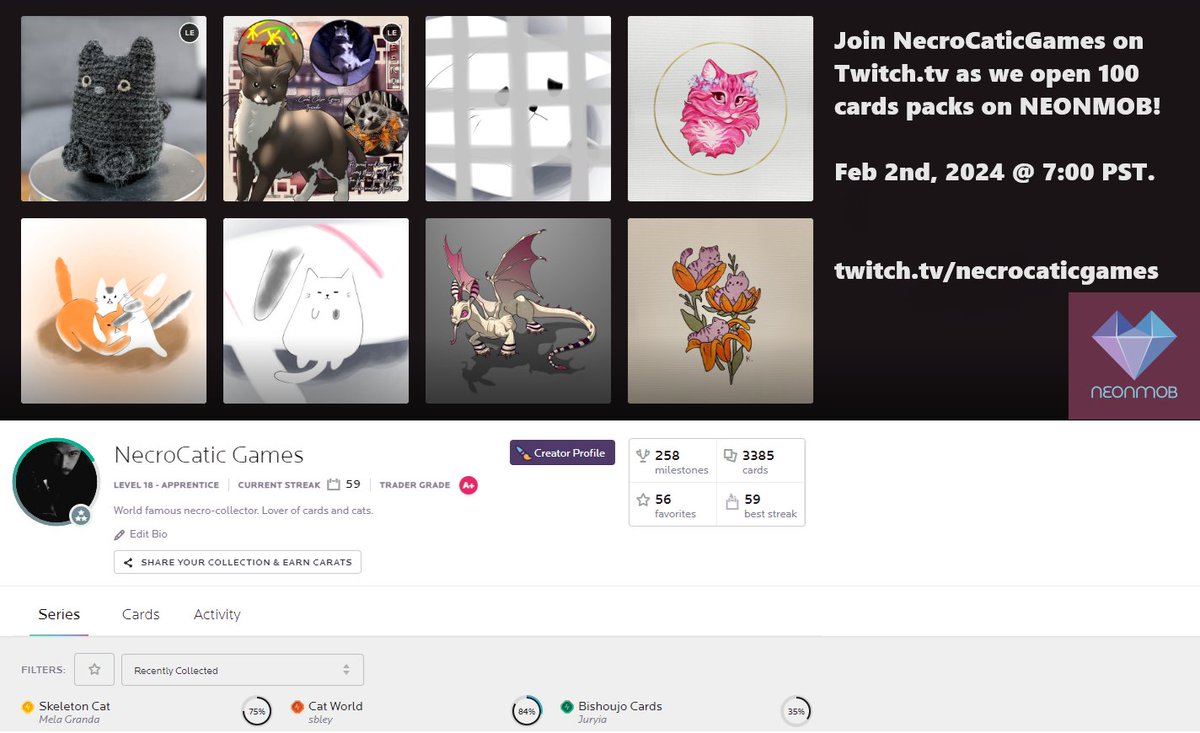 necrocatic's tweet photo. Wanna collect some cards together?! Join us FEB 2nd on @twitch for a CARD opening stream. We will be opening 100 card packs on NEON MOB @Neomob!! Bonus on signing up through us too. Yaaay! #neonmob #twitch Going to be a fun evening! SEE YOU THERE!! https://t.co/TpZnqoe36M
