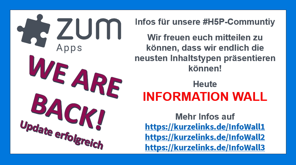 ZUMApps's tweet photo. Liebes #TwLZ, zugegeben nicht ganz so neu, aber trotzdem ist das @ZUMTeam glücklich bei #ZUMApps den Inhaltstypen #INFORMATIONWALL begrüßen zu können! Info &amp; Beispiel:
https://t.co/DQ9XmkaUx2
https://t.co/xwpdBvpBDC
https://t.co/2DjRqJJwdT
#H5PTolleTypen #H5P #OER #OERde #moodle https://t.co/69I4huckhk