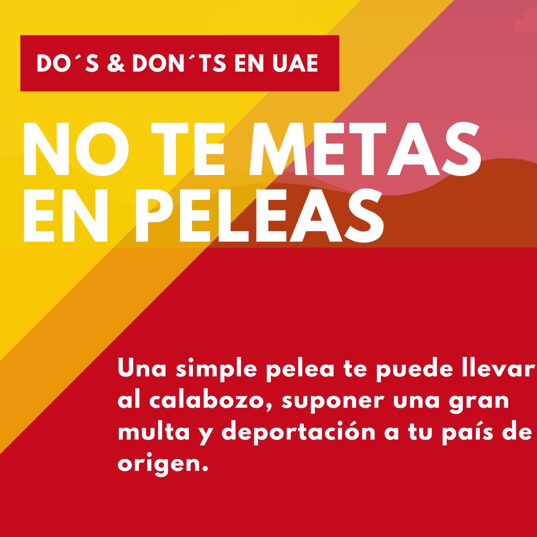 No te metas en peleas. Un simple puñetazo puede arruinar tu vida.

Desde CRE siempre recomendamos seguir las normas y costumbres del país en el que nos encontramos. De lo contrario, podrías encontrarte en serios problemas.

#Respeto #Respect

#EspañolesEnUAE