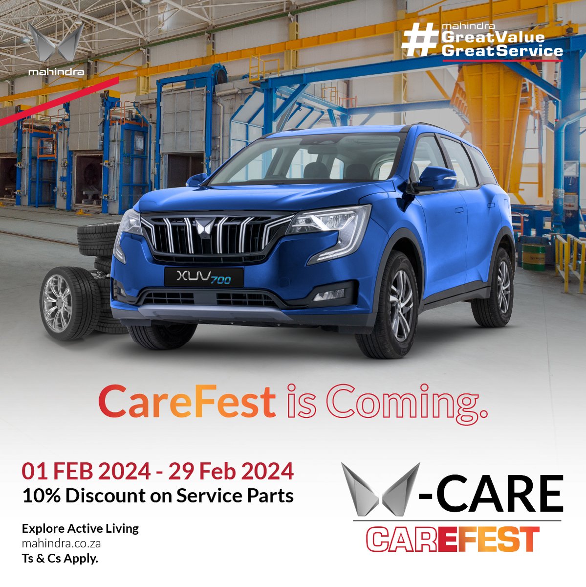 Mahindra_SA's tweet photo. Get a complimentary health check on your car with our new Carefest initiative and prevent those unforeseen breakdowns with 10% discount* on service parts.

*Available at a Mahindra Branch near you
*Ts &amp; Cs Apply

Book a service: https://t.co/KDZSga3mJk

#GreatValueGreatService https://t.co/PjTSZiWCfq